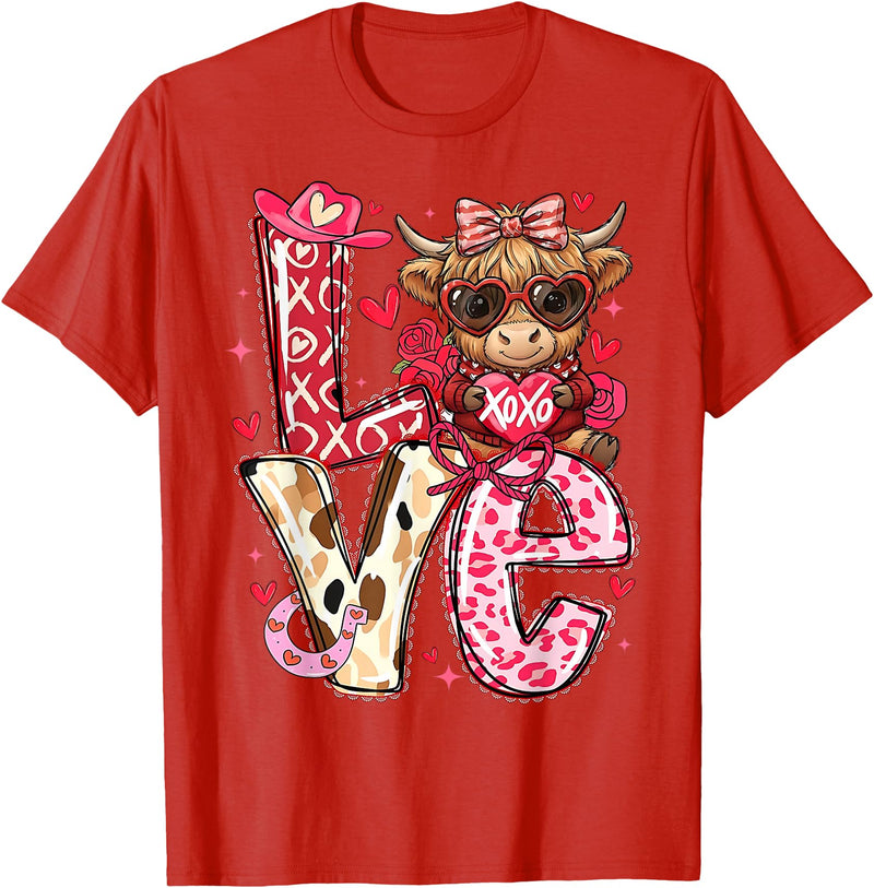 Highland Cow Valentine Tees Love Western Highland Cows Valentine Cowgirl Hat T-Shirt - Red