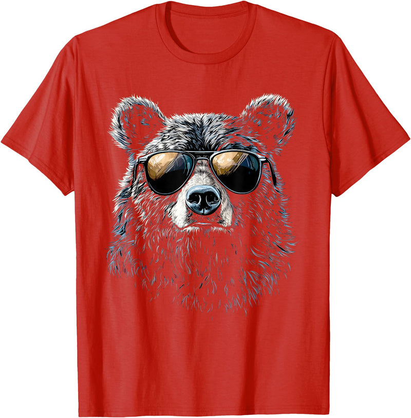Forest Illustration Bear Art Nature Bear Wearing Sunglasses Wildlife Artwork Graphic Bear T-Shirt - Red