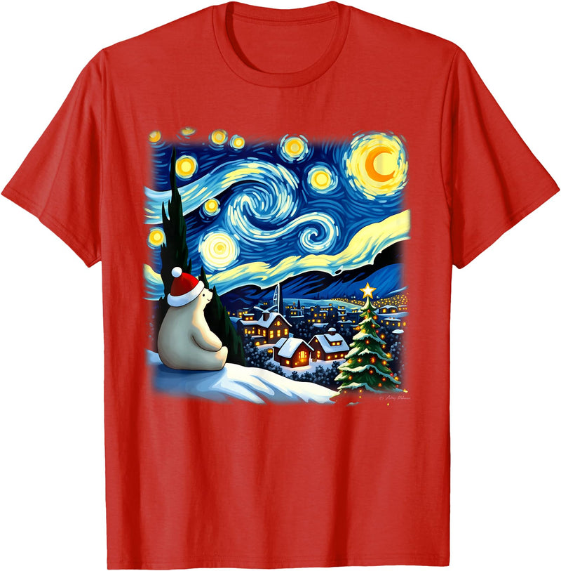 Van Gogh Polar Bear Xmas Tees Christmas Polar Bear Starry Night T-Shirt - Red