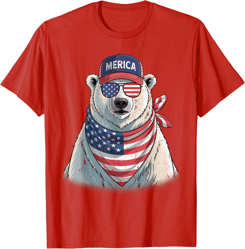 Retro Merica Polar Bear USA July Fourth Polar Bear 4th of July US American Flag Patriotic T-Shirt - Red