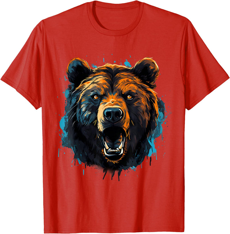Forest Animal Art Bear Portrait Splash Forest Artwork Animal Lovers Motif T-Shirt - Red