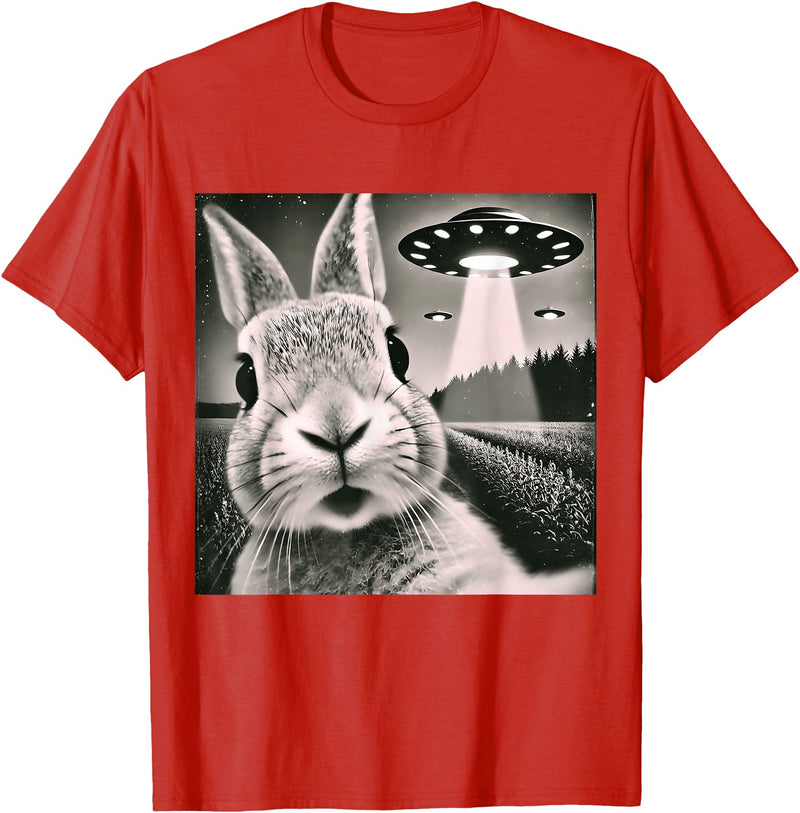 Funny Rabbit Bunny Selfie UFOs T-Shirt in Red