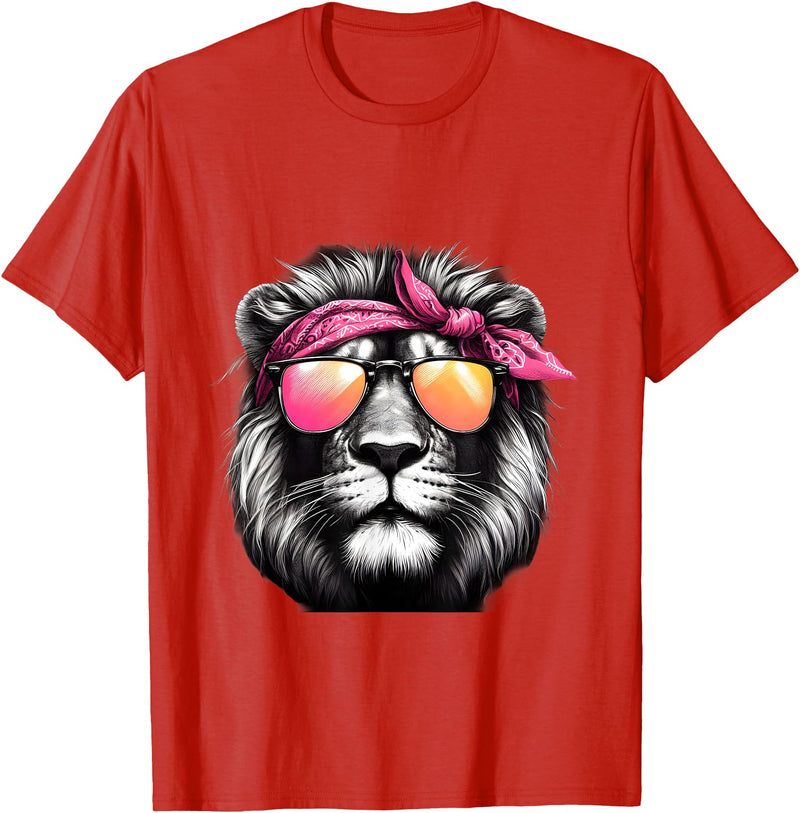 Fashionable Animals Wearing Pink Bandanas Lion Wearing a Pink Bandana Headband and Sunglasses T-Shirt - Red