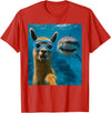 Selfie Llama and Shark Summer Scuba Diving Funny Llama Selfie with Shark Ocean Lovers T-Shirt - Red