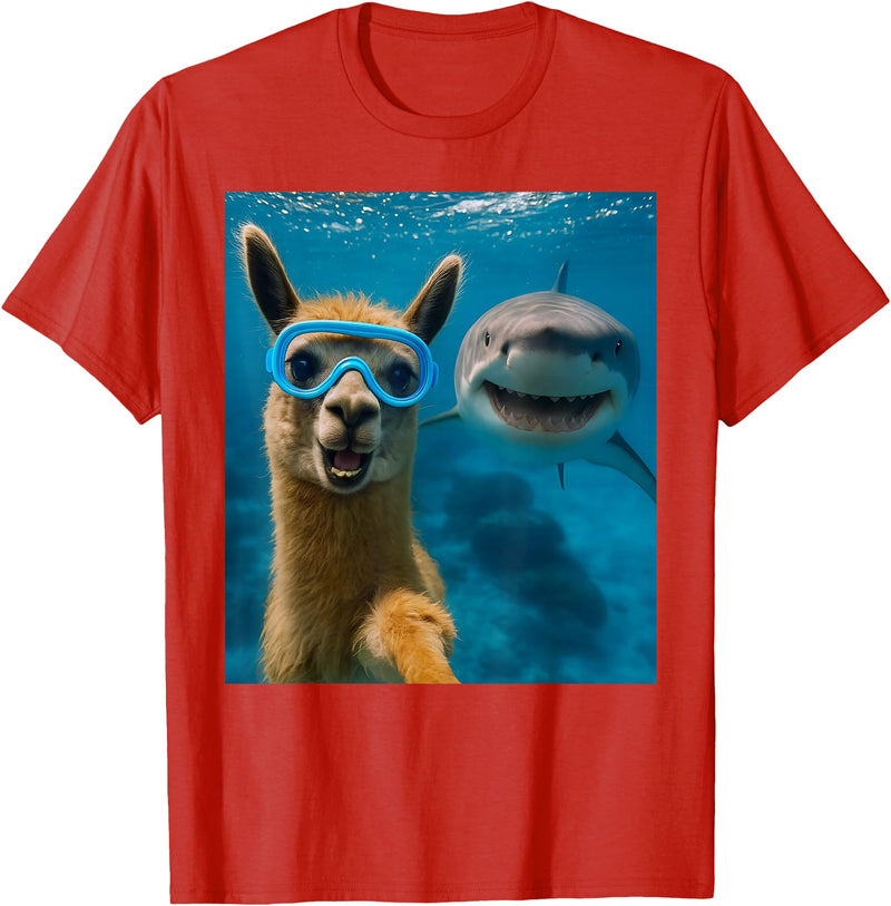 Selfie Llama and Shark Summer Scuba Diving Funny Llama Selfie with Shark Ocean Lovers T-Shirt - Red