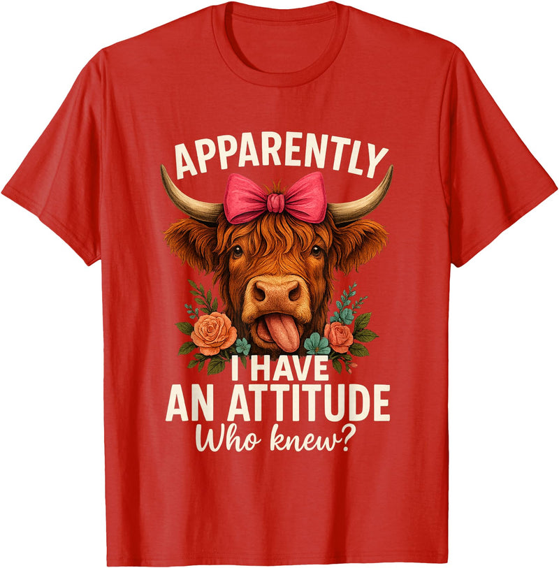 Mother's Day Gifts by LD Apparently I Have an Attitude Who Knew Sarcasm Highland Cow T-Shirt - Red