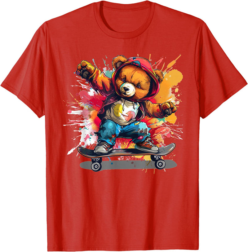 Cool Teddy with skateboard Colourful Splash with Skateboard Teddy Bear Outfit T-Shirt - Red
