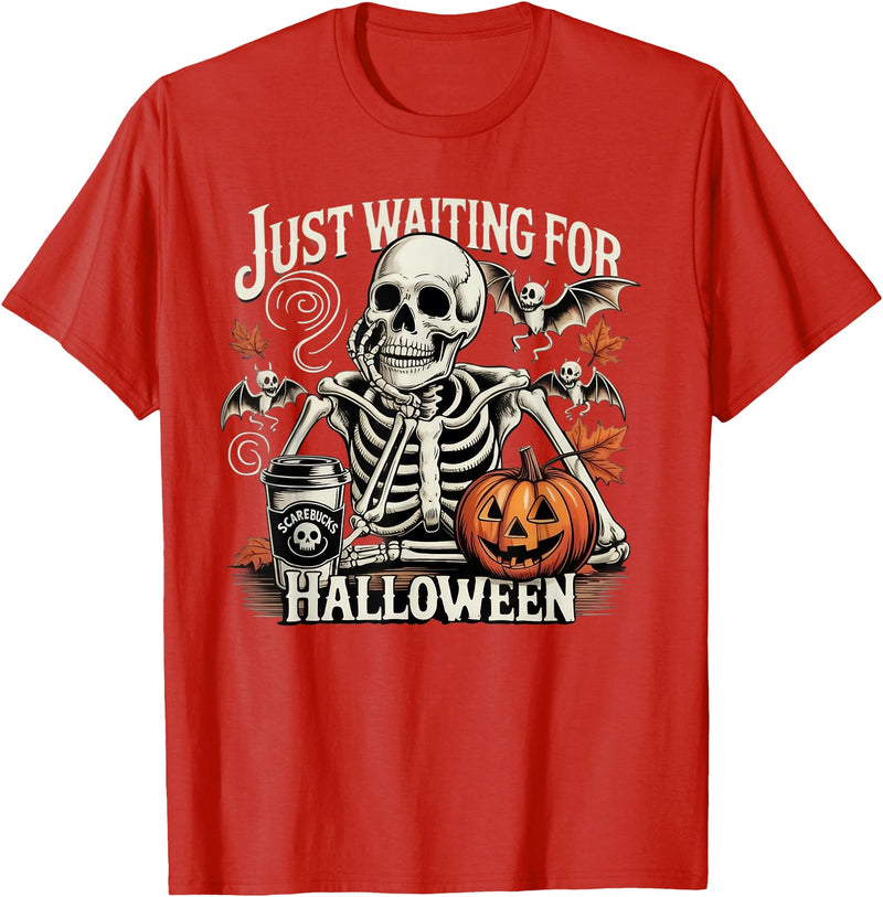 Threadrock Just Waiting for Halloween Skeleton Costume Party Fun T-Shirt - Red