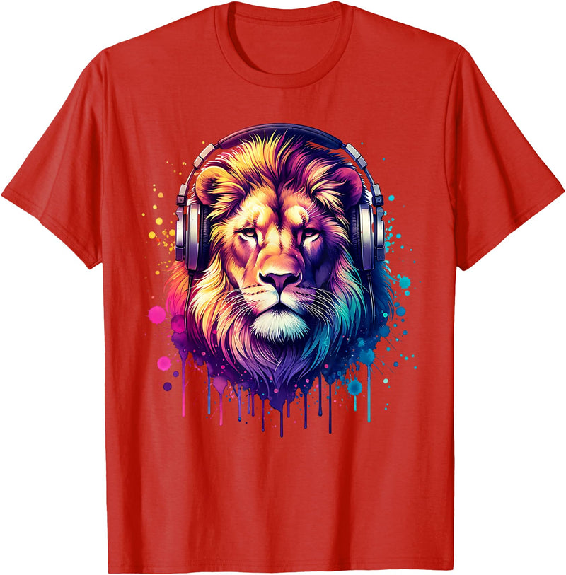 Funny Animal With Headphones Lion With Headphones T-Shirt - Red