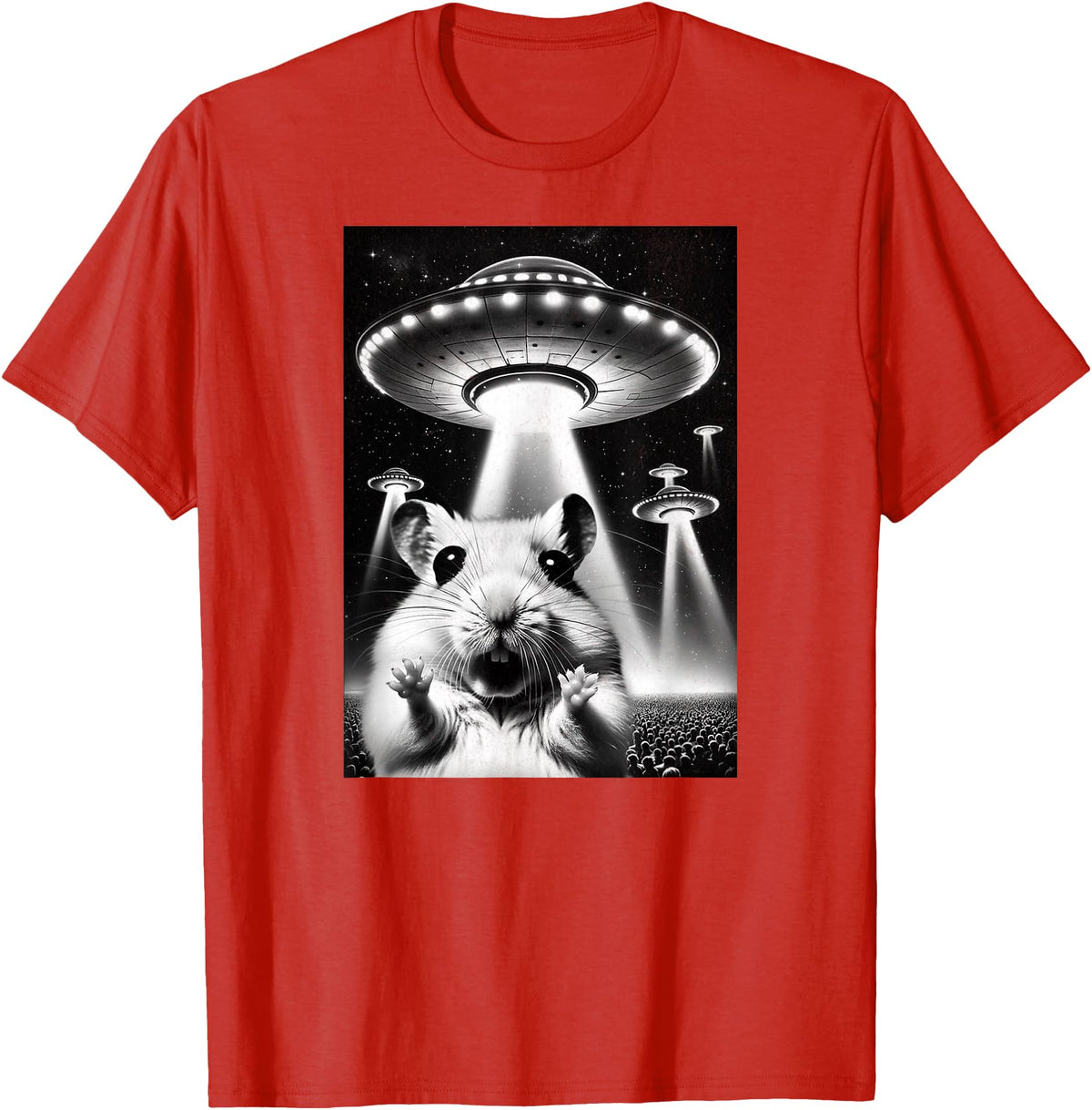 Hamster UFO | Funny Invasion Meme Alien Hamster UFO Selfie T-Shirt - Red