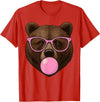 Bear Face Wearing Glasses Apparel For Women ladies Cute Bear Face Eating Gum and Makes Bubble Funny Bears Women T-Shirt - Red