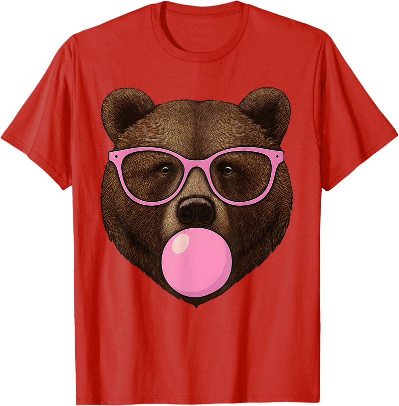 Bear Face Wearing Glasses Apparel For Women ladies Cute Bear Face Eating Gum and Makes Bubble Funny Bears Women T-Shirt - Red