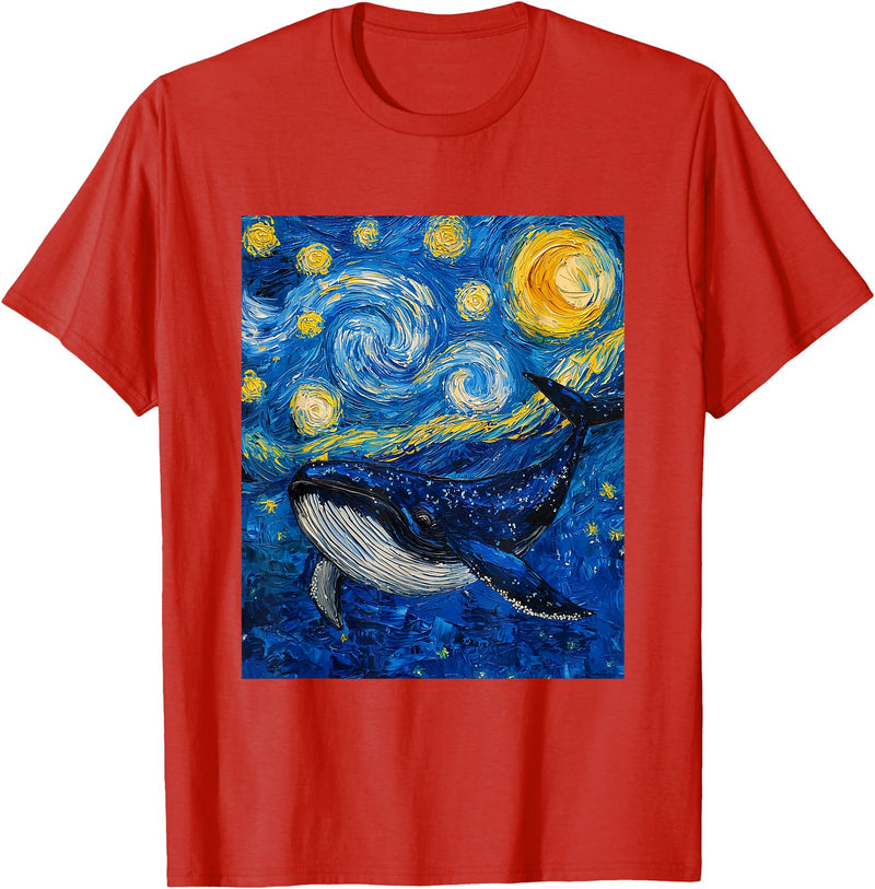 Whale Designs. Whale Fish Van Gogh Style Starry Night Sea Graphic T-Shirt - Red