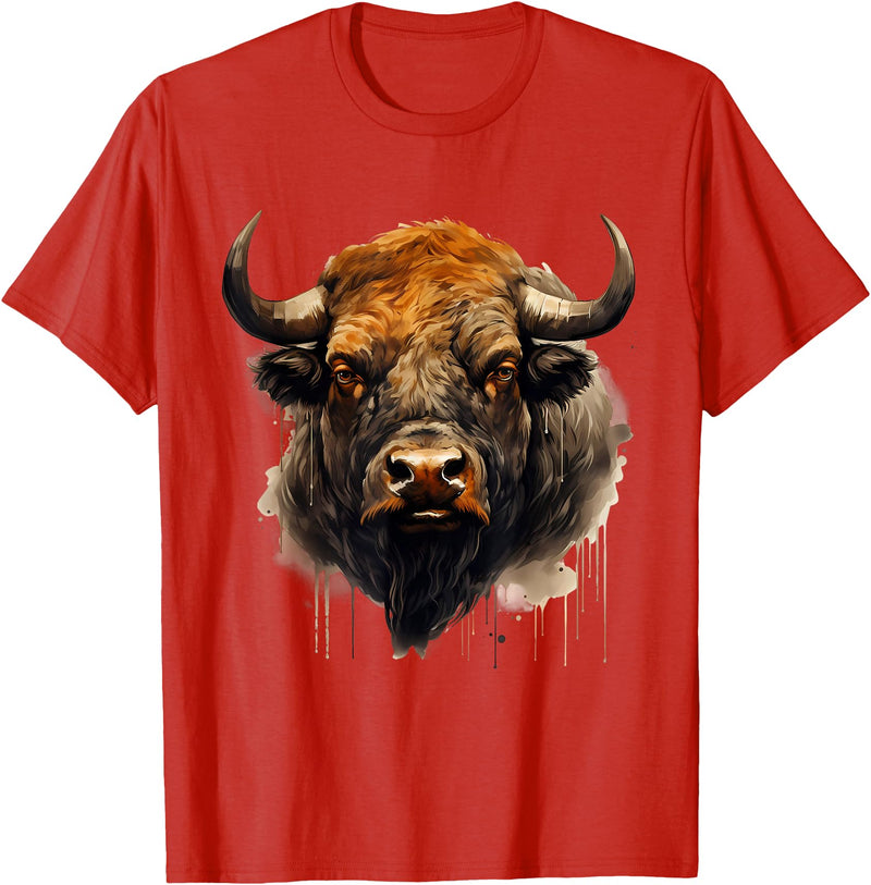 Safari Animal Art Buffalo Animal Print Portrait Bison Nature Artwork T-Shirt - Red