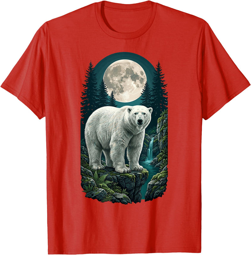 Polar Wilderness Fan Wildlife Lover Polar Bear Full Moon Night Forest Wildlife Nature Lover T-Shirt - Red