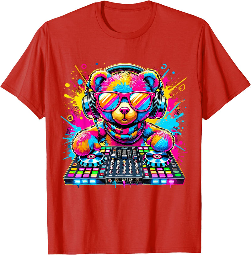Magical and Funny Music lover Gifts DJ Teddy Bear Disco Hip Hop T-Shirt - Red