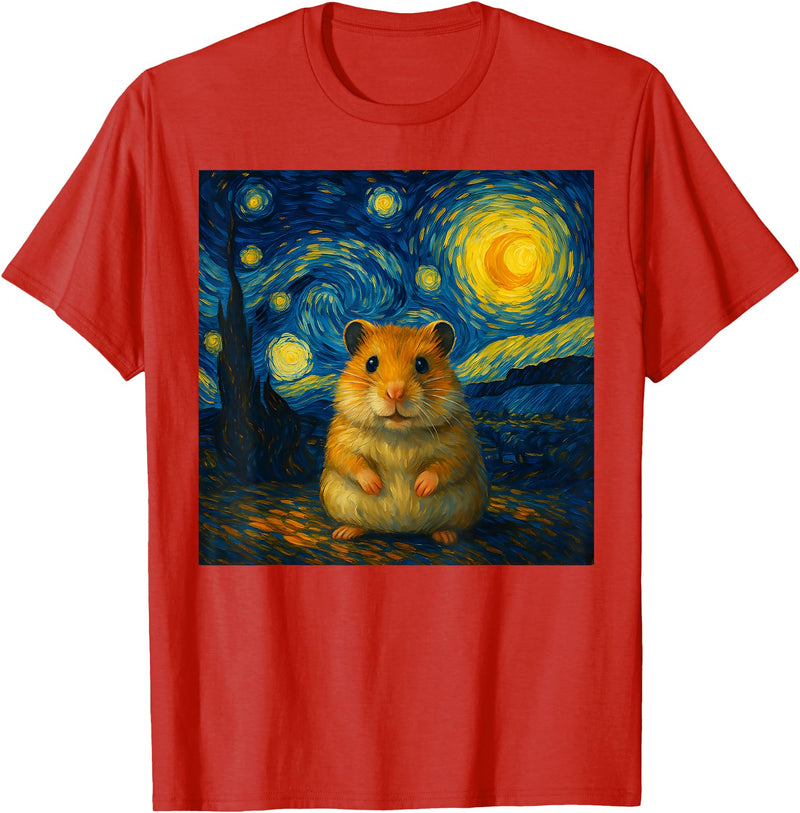 Hamster Starry Night Van Gogh Art for Men Women Kids T-Shirt - Red