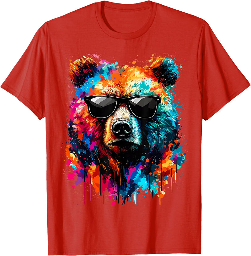Funny Colorful Bear Lover Wildlife Colourful Bear with Sunglasses T-Shirt - Red
