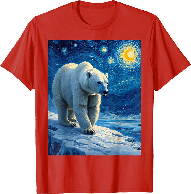 Polar Bear Van Gogh's Starry Night Wildlife Art Van Gogh's Starry Night Polar Bear Ice Bear Animal Lovers T-Shirt - Red
