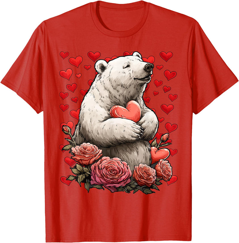 Romantic Animals Valentine’s Day Presents Cute Polar Bear with Red Roses Hearts Valentine’s Day Animal T-Shirt - Red