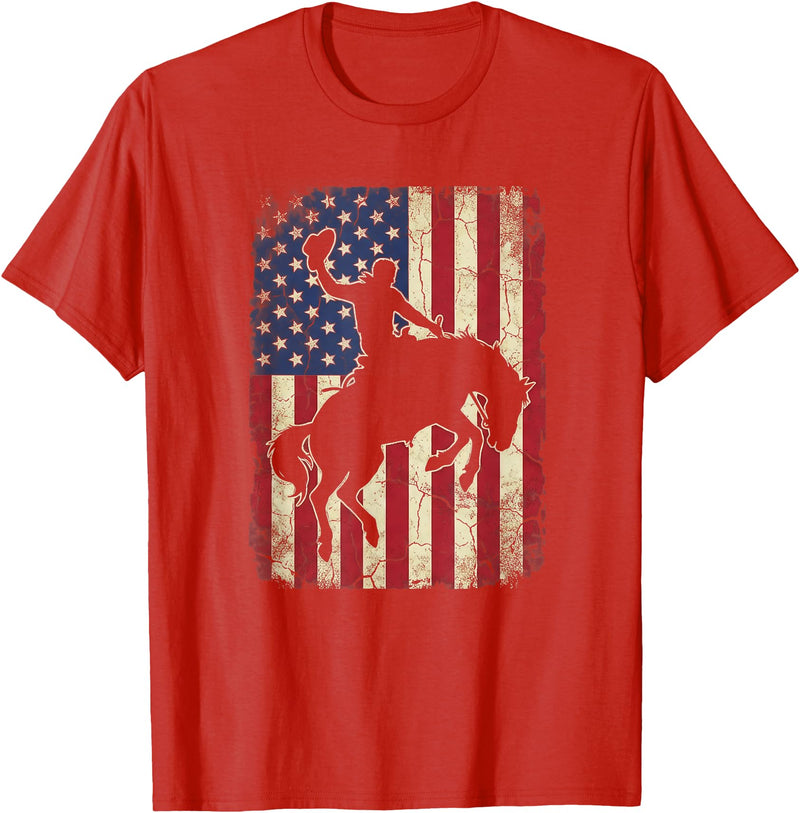 Cool Horse Riding 4th of July Clothes Rodeo Cowboy Western Country Bucking Horse USA Flag T-Shirt - Red