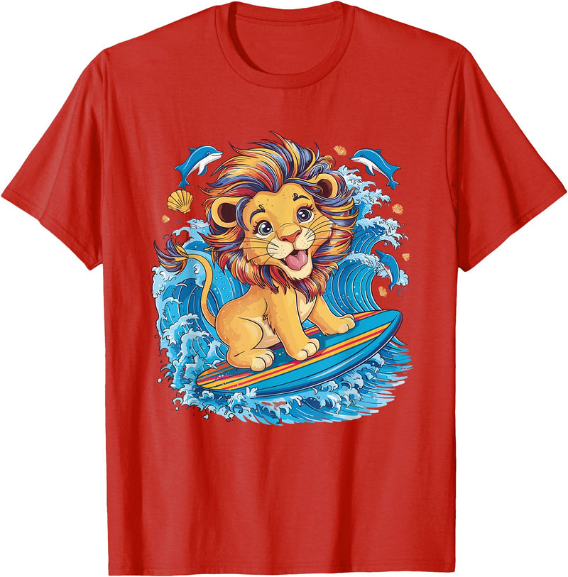 Cute Lion surfing gifts Cute Surfing Lion Riding the Waves T-Shirt - Red