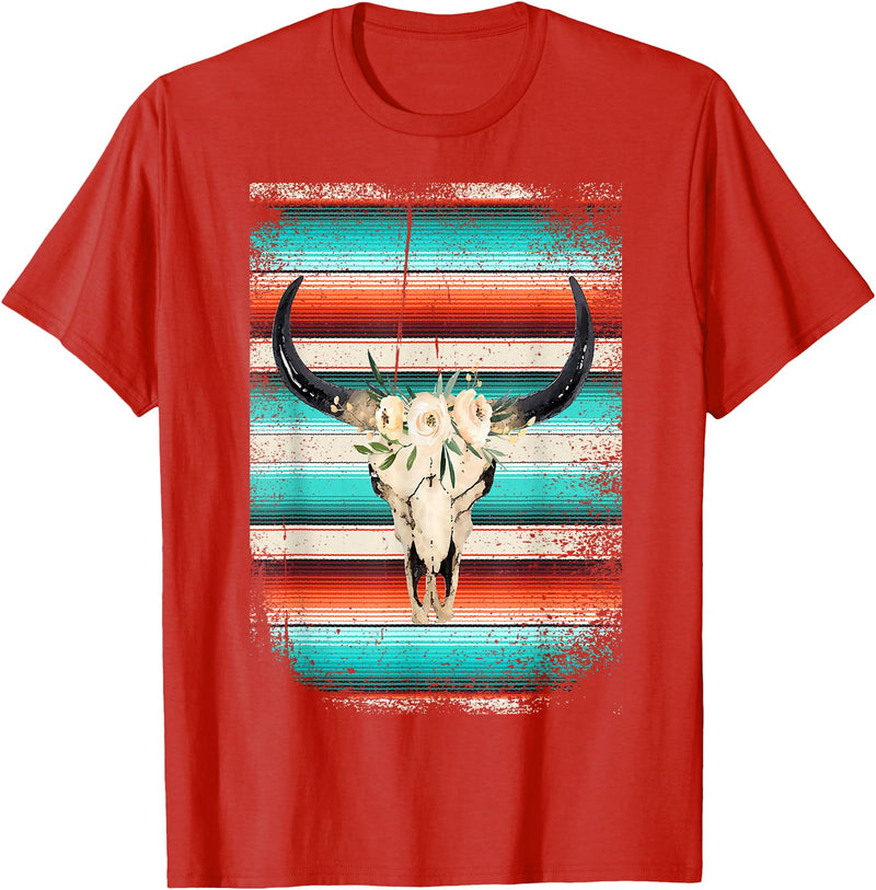 Funny Serape Cow BOHO designs Funny Serape Cow BOHO print Flower Rustic Turquoise T-Shirt - Red