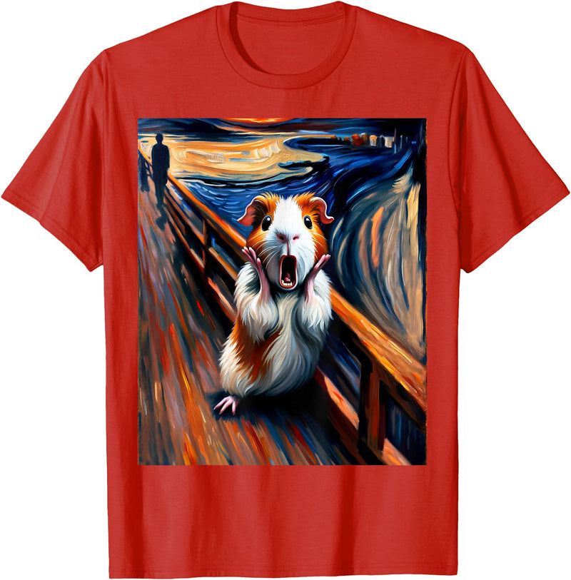 Artsy Guinea Pig Art Funny Animal Painting Humor Expressionist Scream Parody Funny Painting Art Guinea Pig T-Shirt - Red