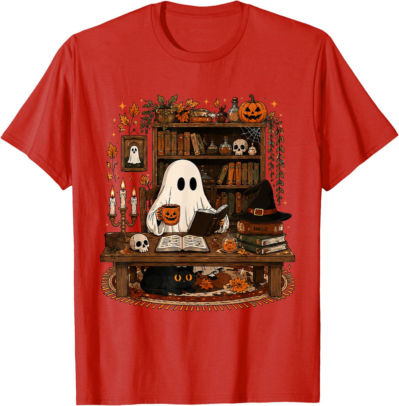 Retro Ghost Reading Funny Halloween Spooky Book Lover T-Shirt - Red