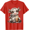 Funny Highlander Cow Drinking Coffee Lover Designs Highland Cow Drinking Iced Coffee Lover Funny Animal Meme T-Shirt - Red
