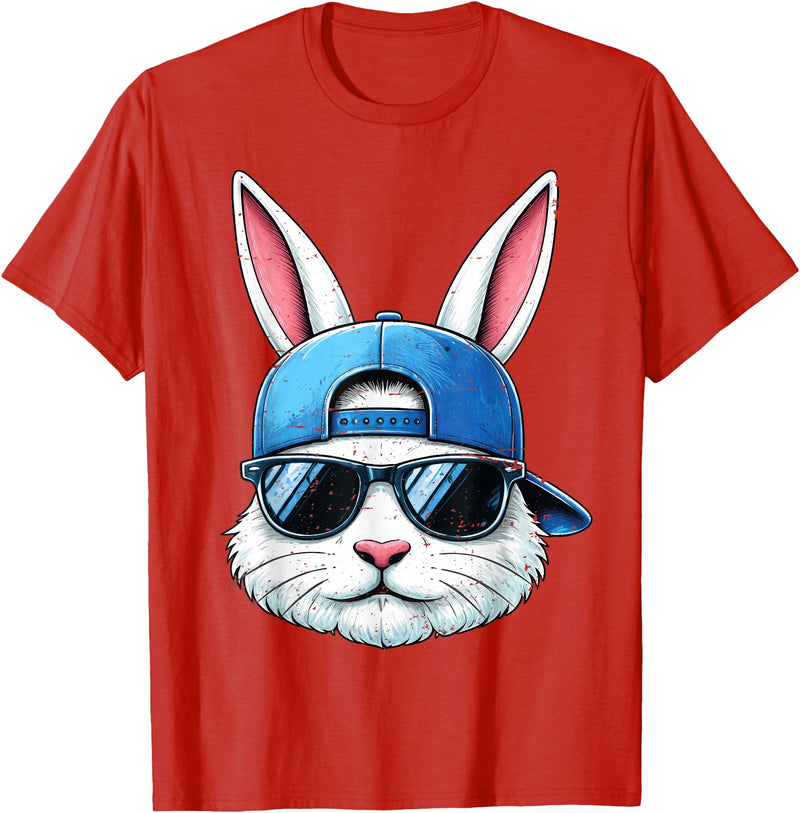 Cool Bunny Face with Sunglasses Cap Easter Kids Boys T-Shirt in Red