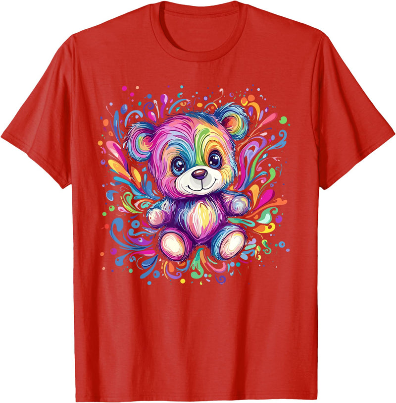 Vibrant Colorful Teddy Bear Illustration Rainbow Splash Teddy Bear T-Shirt - Red