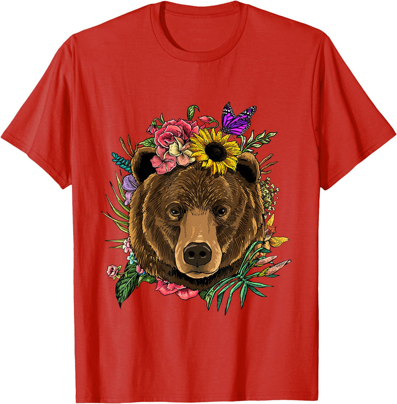 Wowsome! Bear Shirt Nature Floral Grizzly Bear Face Animal Bear Lover T-Shirt - Red