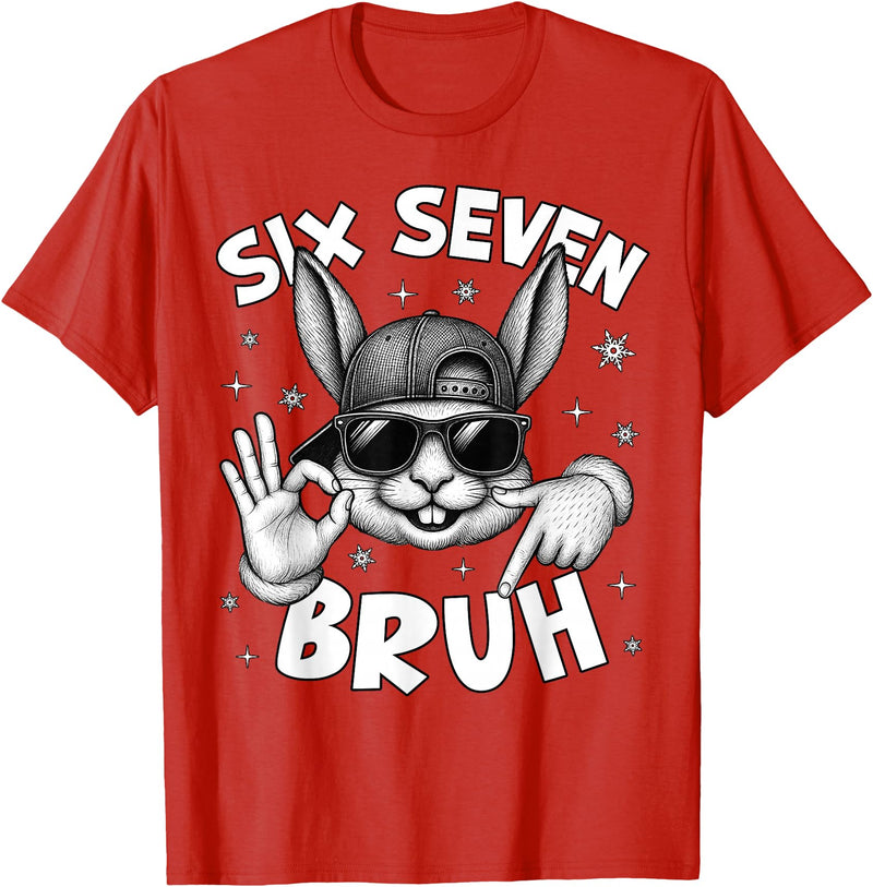 67 Six Seven Bruh Cute Bunny Face with Sunglasses Easter Day T-Shirt in Red