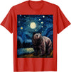 Starry Night Wildlife Graphic Grizzly Bear Van Gogh Starry Night Grizzlies Animal T-Shirt - Red