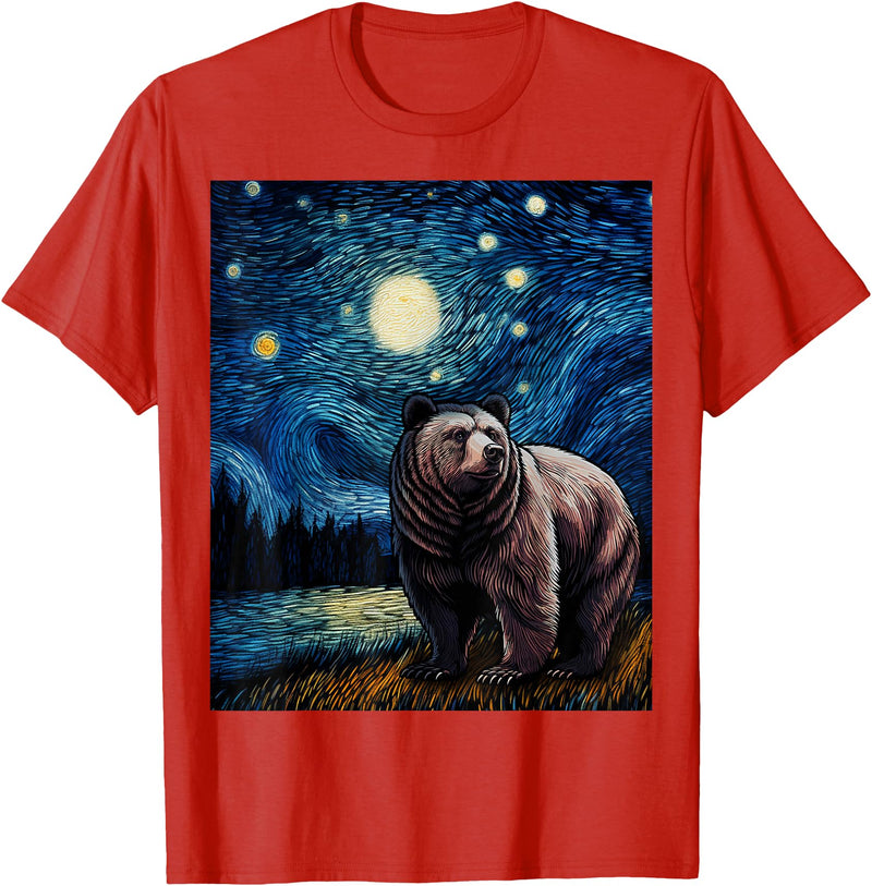 Starry Night Wildlife Graphic Grizzly Bear Van Gogh Starry Night Grizzlies Animal T-Shirt - Red