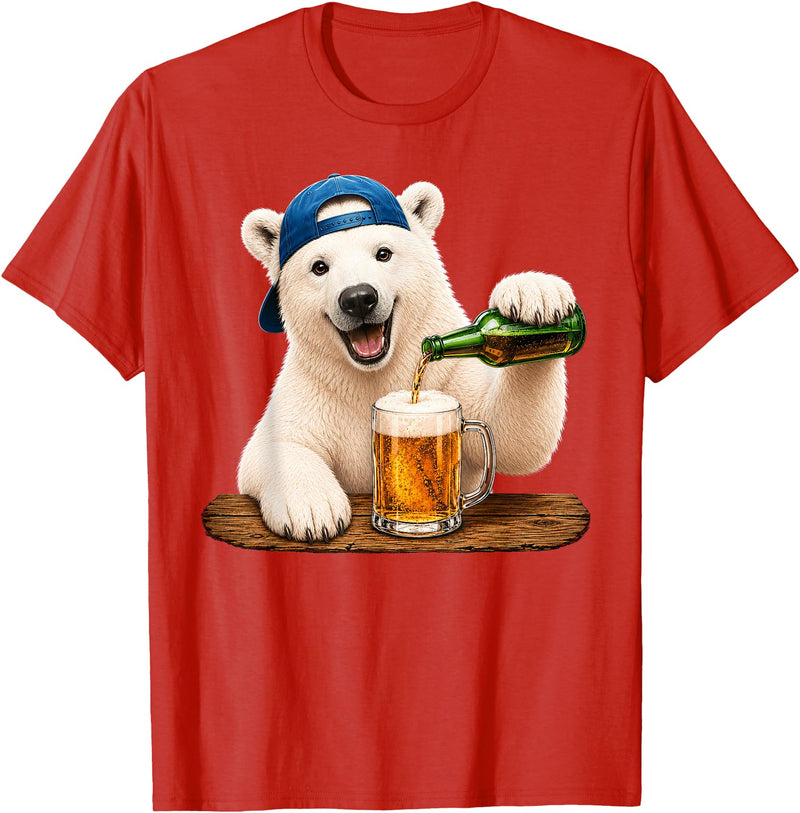 Funny Polar Bear Beer Happy Apparel Polar Bear Drinking Beer Funny Animal Meme Lovers Men Women T-Shirt - Red