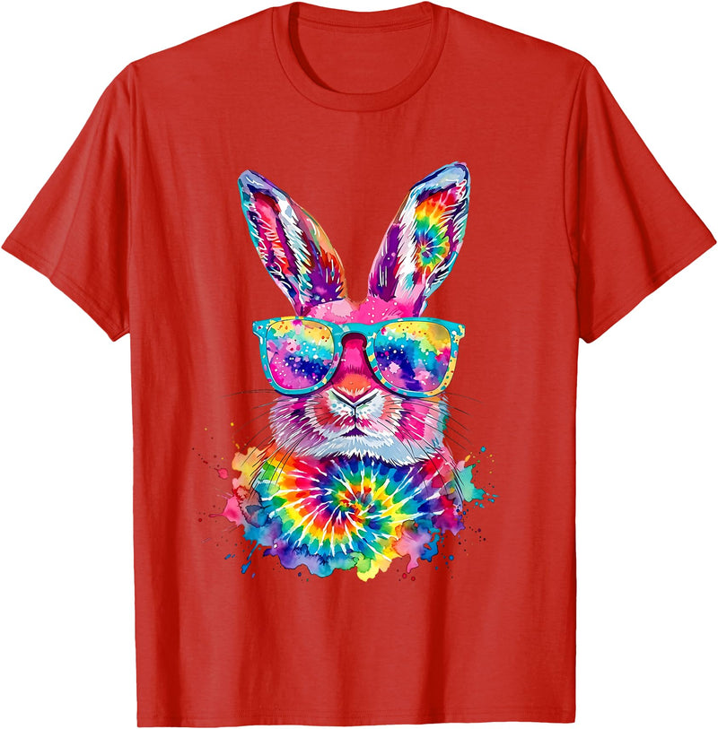 Bunny Face with Tie Dye Glasses Happy Easter Day Men Boy Kid T-Shirt in Red