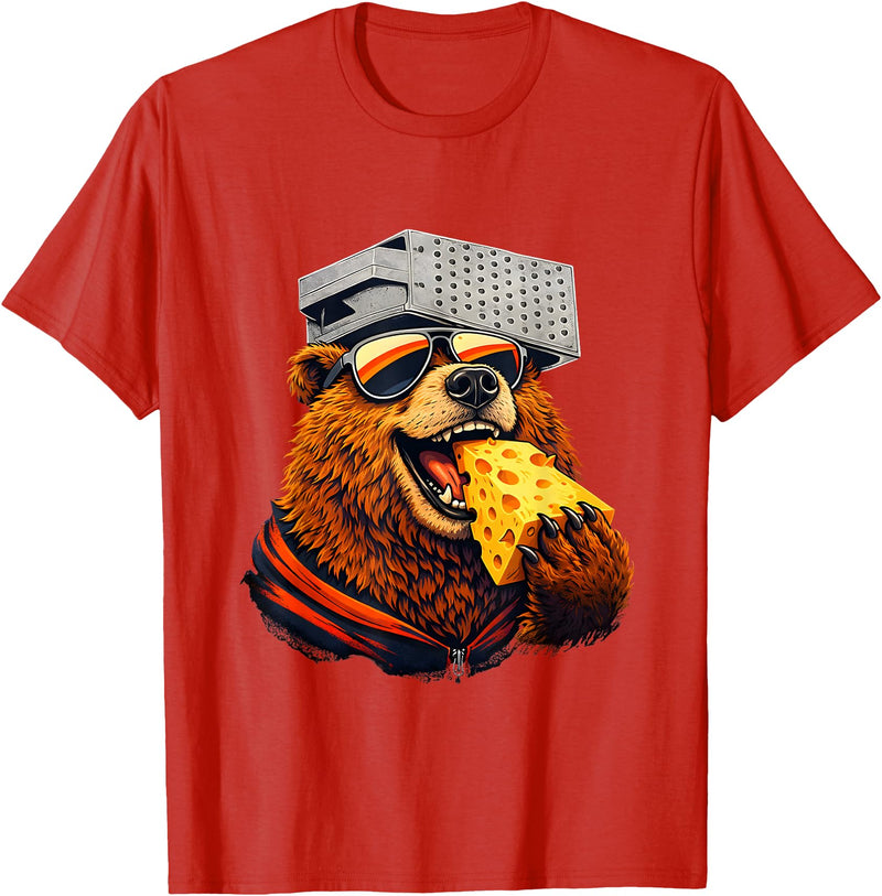 Retro Bear with Cheese for Boys Funny Animal humor Retro Bear Eating Cheese with a Grater Hat T-Shirt - Red