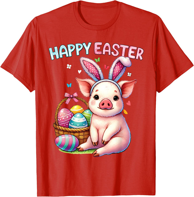 Farm Animal Lovers Cute Pig Easter Holiday Gifts Happy Easter Farm Animal Pig Lovers Bunny Women Kids Girls T-Shirt - Red