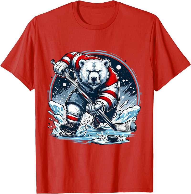 Hockey Player Love Polar Bear Hockey Bear on Ice: A Funny Polar Bear Playing Hockey T-Shirt - Red