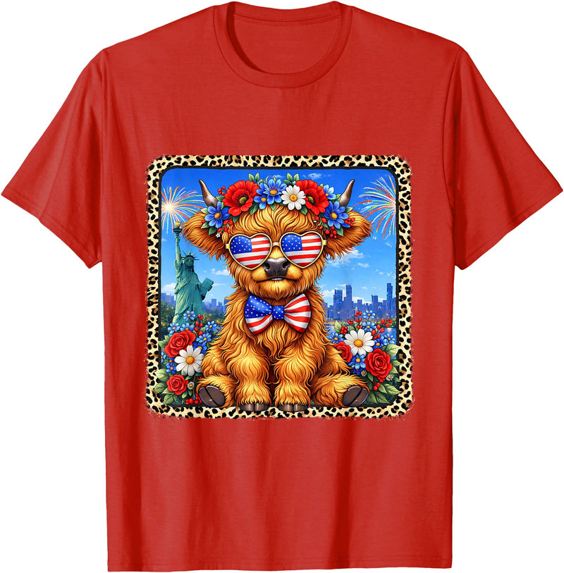 4th of July Apparel 4th of July Cow Patriotic Heart Glasses USA Floral Leopard T-Shirt - Red