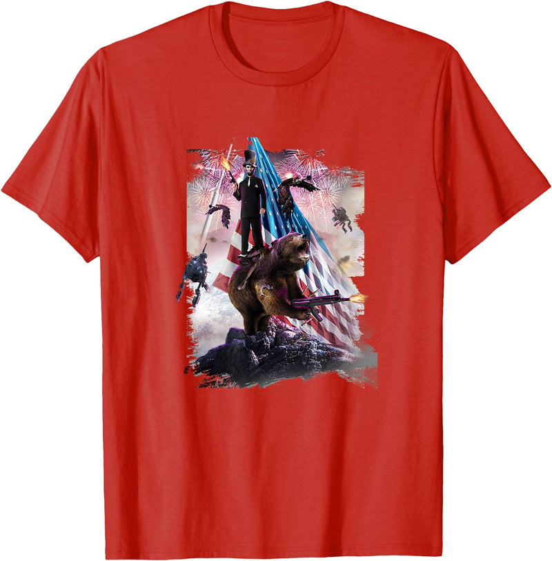 Random Galaxy Abe Lincoln Riding Bear American Patriotic Funny T-Shirt - Red