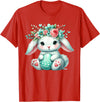 Easter Bunny with Flower Crown Girls Women Floral Cute T-Shirt in Red