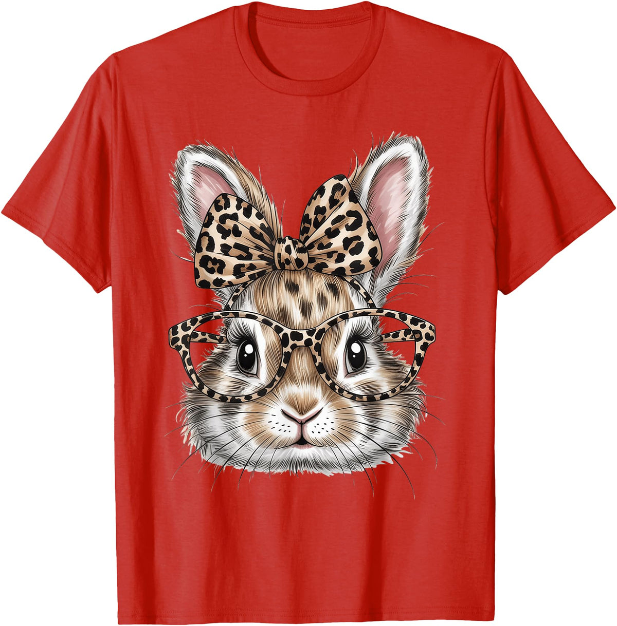 Bunny Face Glasses Bandana Leopard Rabbit Happy Easter T-Shirt in Red