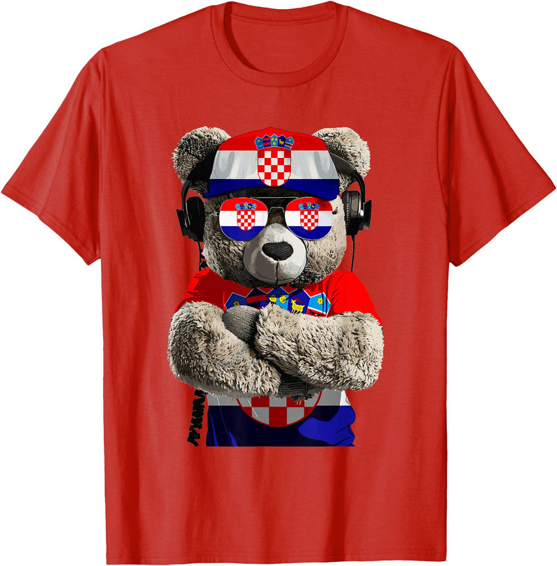 Croatia Flag Clothes Clothing for Men & Women Croatian Flag Bear Sunglasses Souvenirs Products Croatia T-Shirt - Red