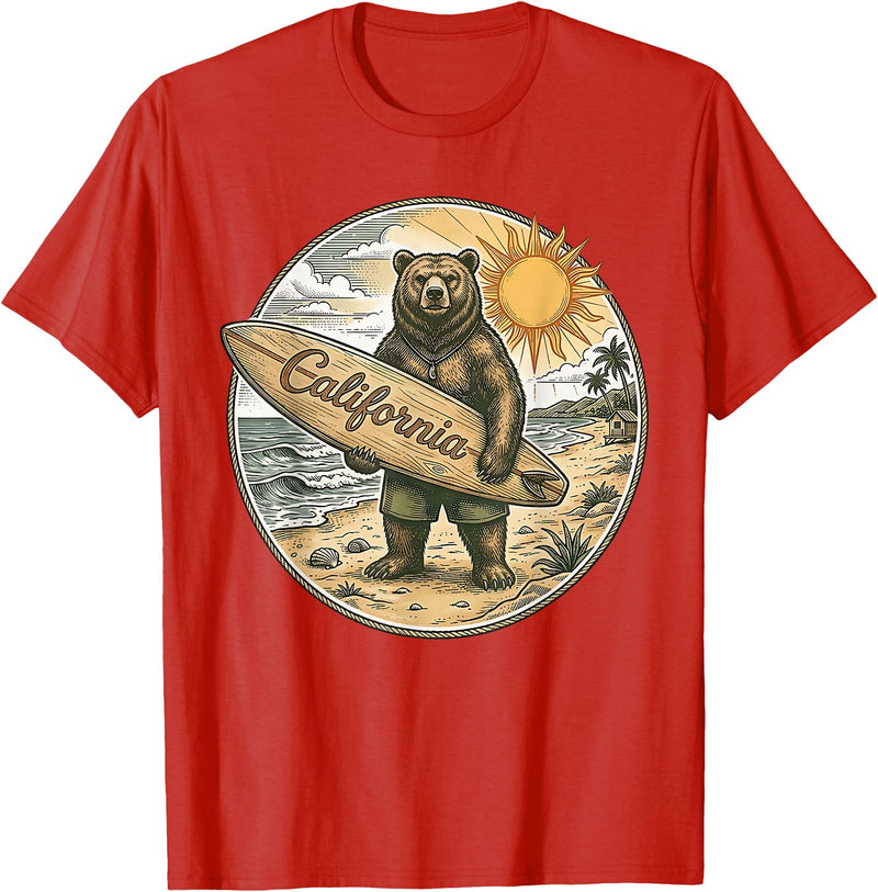 Retro Coastal Surf Bear Vintage Beach Apparel Vintage California Surf Bear Beach Retro Coastal Summer T-Shirt - Red