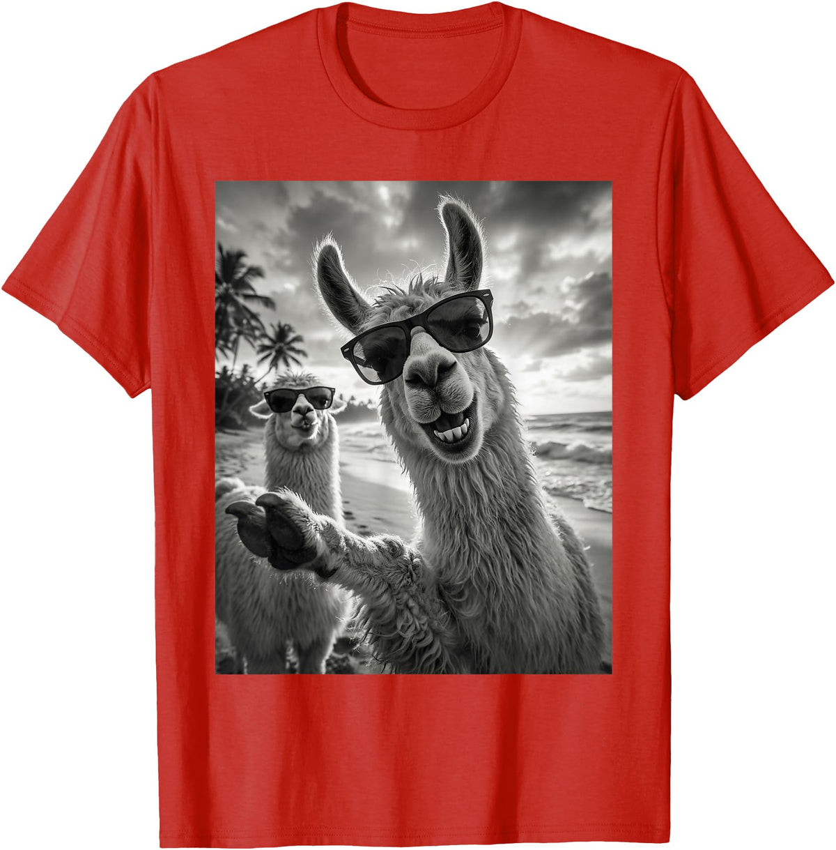 Funny Llama Stuff Accessories & Gifts Cool Llama Selfie At The Beach, Cute Llamas Alpaca T-Shirt - Red