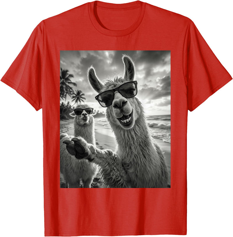Funny Llama Stuff Accessories & Gifts Cool Llama Selfie At The Beach, Cute Llamas Alpaca T-Shirt - Red