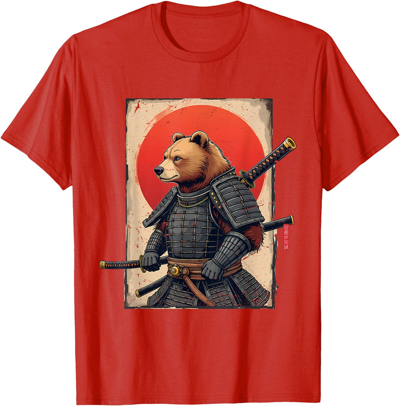 Japanese Samurai Bear Woodblock Art Samurai Brown Bear Ukiyo-e Ink Warrior Art Japanese Bear Art T-Shirt - Red